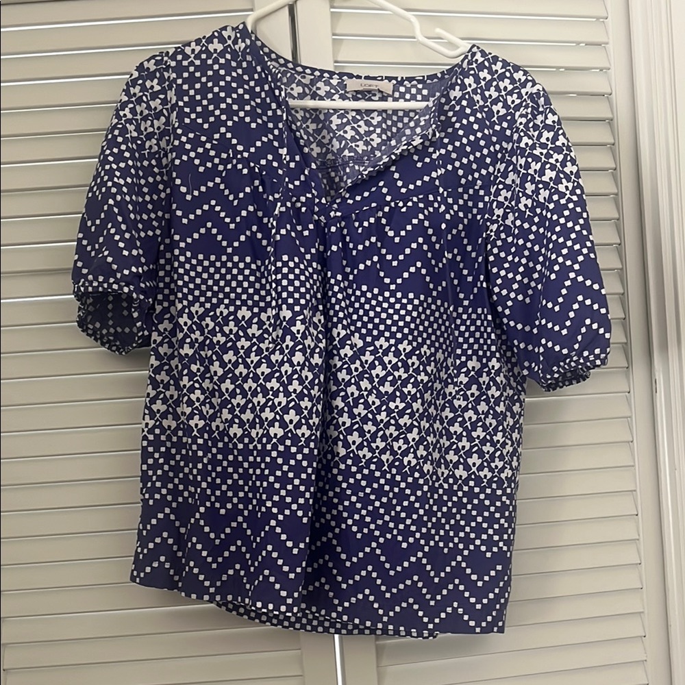 Loft Blue and White Puff Sleeve Blouse